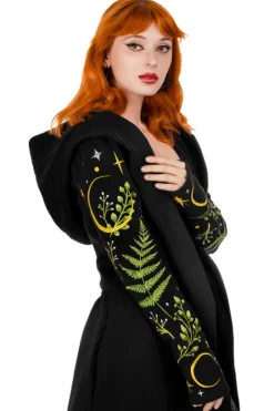 HERBAL HOODIE haft paproć i księżyc Długa, gotycka bluza z paprocią-Restyle Sale