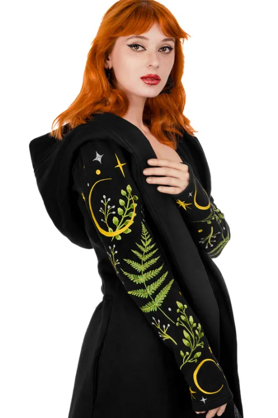 HERBAL HOODIE haft paproć i księżyc Długa, gotycka bluza z paprocią-Restyle Sale