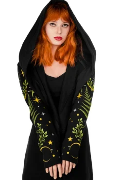 HERBAL HOODIE haft paproć i księżyc Długa, gotycka bluza z paprocią-Restyle Sale