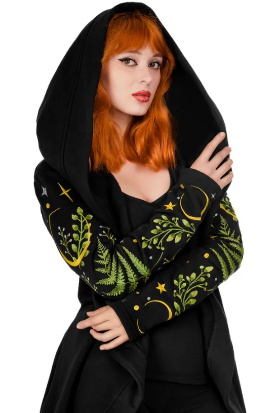 HERBAL HOODIE haft paproć i księżyc Długa, gotycka bluza z paprocią-Restyle Sale
