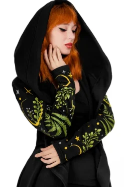 HERBAL HOODIE haft paproć i księżyc Długa, gotycka bluza z paprocią-Restyle Sale