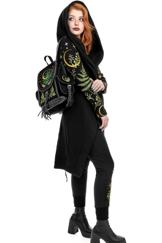 HERBAL HOODIE haft paproć i księżyc Długa, gotycka bluza z paprocią-Restyle Sale