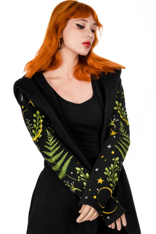 HERBAL HOODIE haft paproć i księżyc Długa, gotycka bluza z paprocią-Restyle Sale