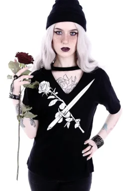 Koszulka z Różą i sztyletem V-neck z chokerem "STAY SHARP"-Restyle Clearance