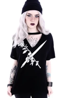 Koszulka z Różą i sztyletem V-neck z chokerem "STAY SHARP"-Restyle Clearance