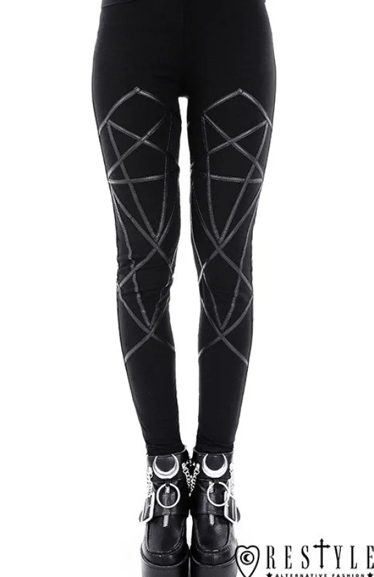 Legginsy, gotyckie getry bawełniane z pentagramami harness "PENTAGRAM LEGGINGS"-Restyle Online