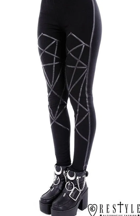 Legginsy, gotyckie getry bawełniane z pentagramami harness "PENTAGRAM LEGGINGS"-Restyle Online