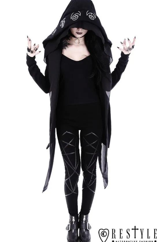 Legginsy, gotyckie getry bawełniane z pentagramami harness "PENTAGRAM LEGGINGS"-Restyle Online