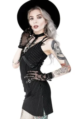 Obcisła Gotycka Sukienka w prążek z obrożą z Dringami-Restyle Hot