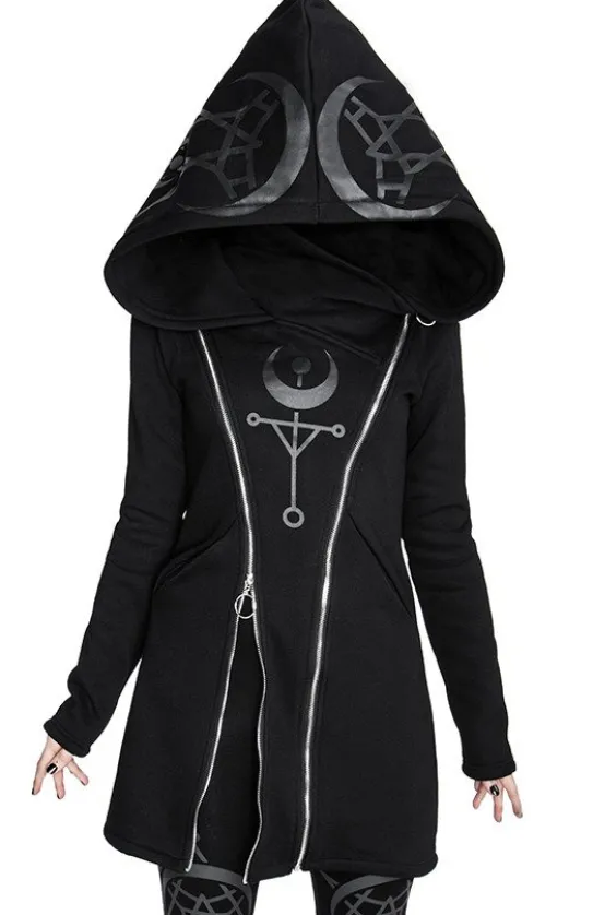 TWIN MOON HOODIE czarna gotycka bluza z dwoma suwakami i nadrukiem-Restyle New