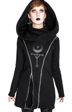 TWIN MOON HOODIE czarna gotycka bluza z dwoma suwakami i nadrukiem-Restyle New
