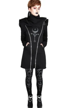 TWIN MOON HOODIE czarna gotycka bluza z dwoma suwakami i nadrukiem-Restyle New