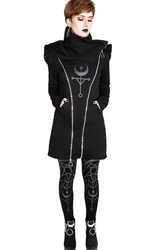 TWIN MOON HOODIE czarna gotycka bluza z dwoma suwakami i nadrukiem-Restyle New