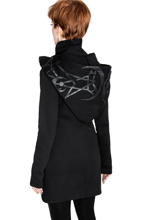 TWIN MOON HOODIE czarna gotycka bluza z dwoma suwakami i nadrukiem-Restyle New