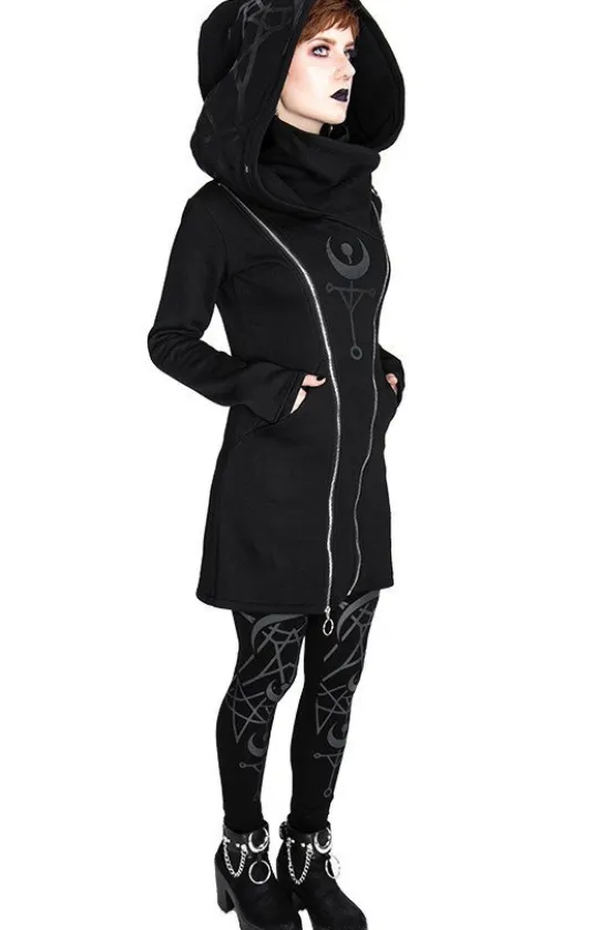 TWIN MOON HOODIE czarna gotycka bluza z dwoma suwakami i nadrukiem-Restyle New