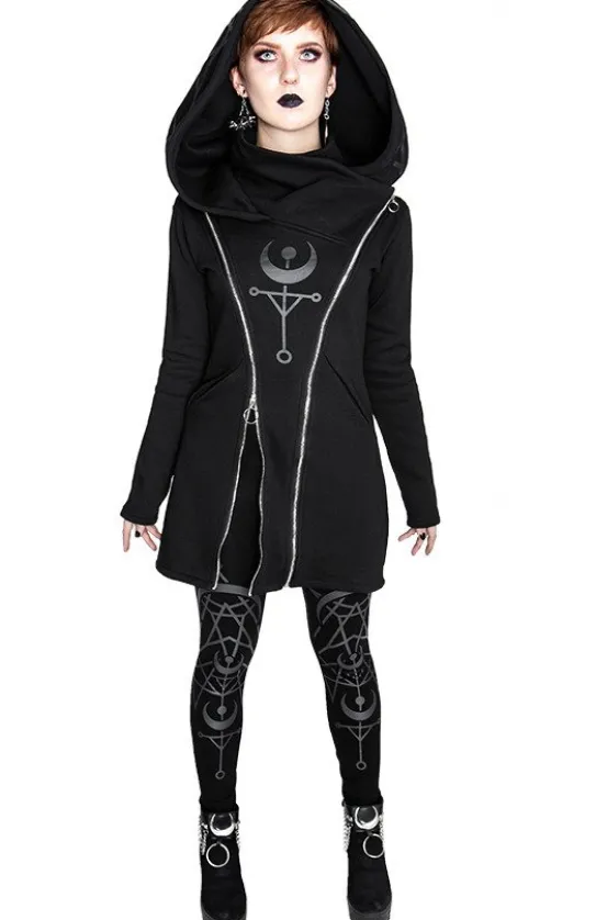 TWIN MOON HOODIE czarna gotycka bluza z dwoma suwakami i nadrukiem-Restyle New