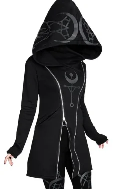 TWIN MOON HOODIE czarna gotycka bluza z dwoma suwakami i nadrukiem-Restyle New