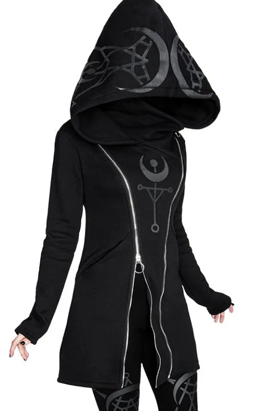TWIN MOON HOODIE czarna gotycka bluza z dwoma suwakami i nadrukiem-Restyle New