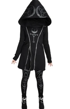 TWIN MOON HOODIE czarna gotycka bluza z dwoma suwakami i nadrukiem-Restyle New