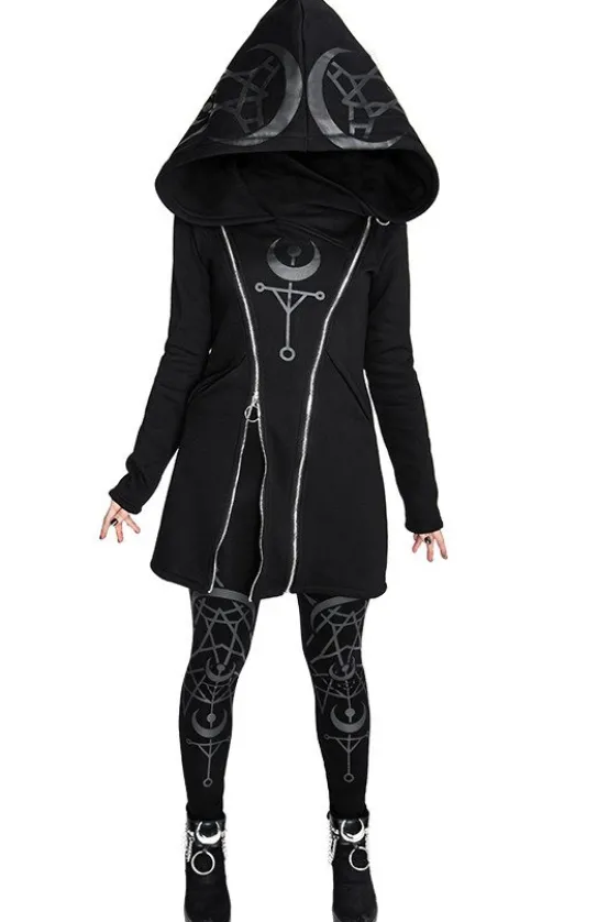 TWIN MOON HOODIE czarna gotycka bluza z dwoma suwakami i nadrukiem-Restyle New
