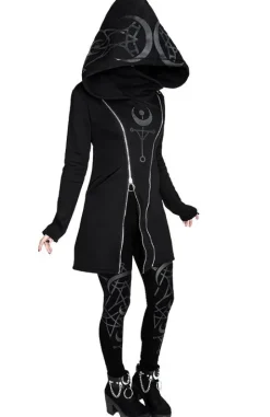 TWIN MOON HOODIE czarna gotycka bluza z dwoma suwakami i nadrukiem-Restyle New