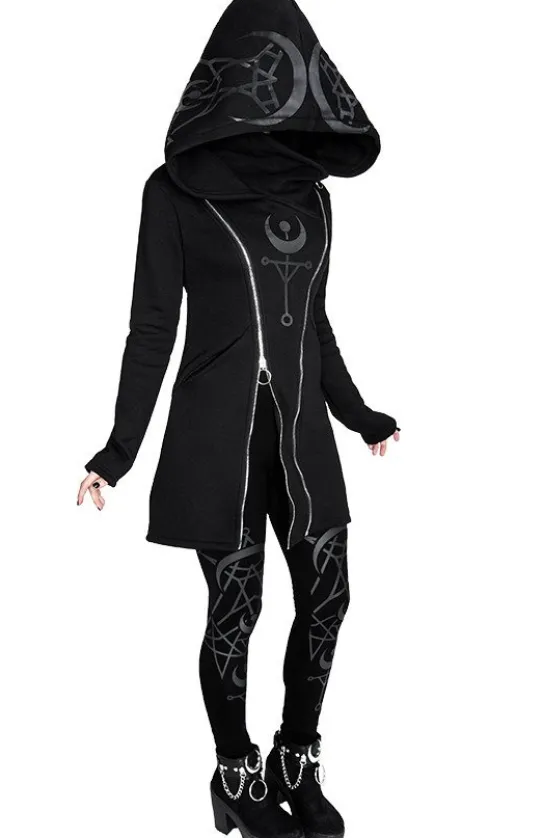 TWIN MOON HOODIE czarna gotycka bluza z dwoma suwakami i nadrukiem-Restyle New
