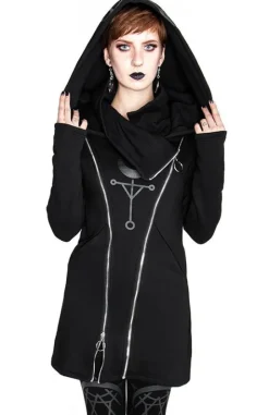 TWIN MOON HOODIE czarna gotycka bluza z dwoma suwakami i nadrukiem-Restyle New