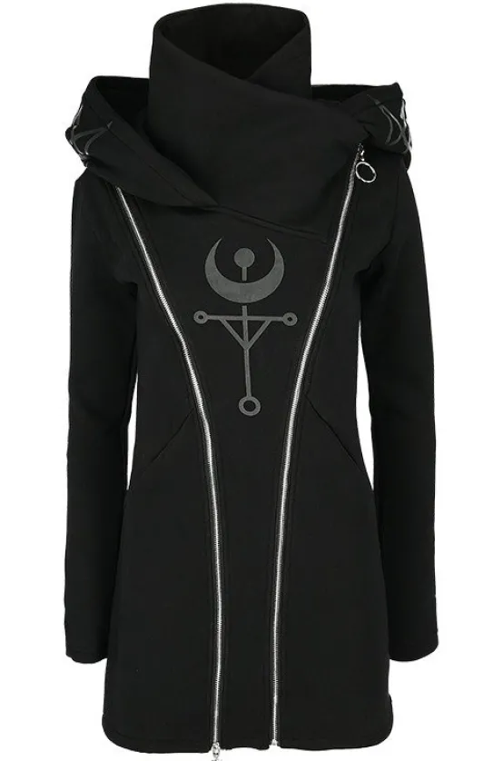TWIN MOON HOODIE czarna gotycka bluza z dwoma suwakami i nadrukiem-Restyle New