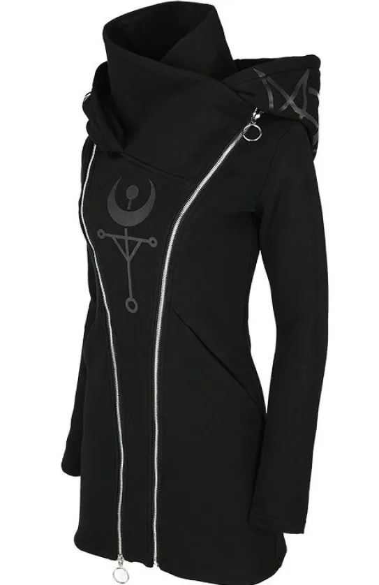 TWIN MOON HOODIE czarna gotycka bluza z dwoma suwakami i nadrukiem-Restyle New