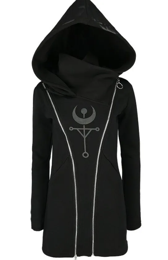 TWIN MOON HOODIE czarna gotycka bluza z dwoma suwakami i nadrukiem-Restyle New