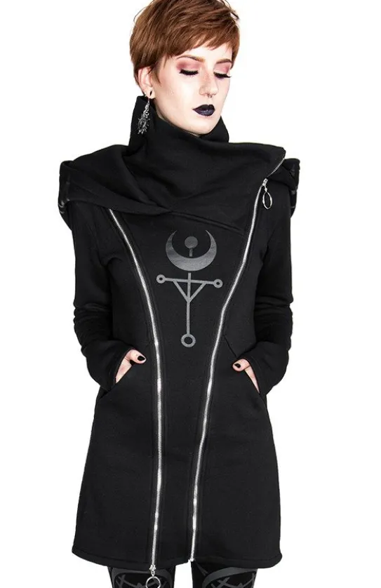 TWIN MOON HOODIE czarna gotycka bluza z dwoma suwakami i nadrukiem-Restyle New
