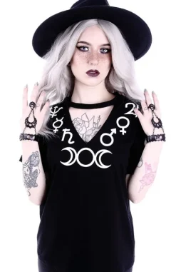 V-neck z chokerem gotycka koszulka z symbolami "SYMBOLS"-Restyle New