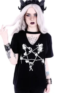 V-neck z chokerem koszulka z pentagramem z róż "ROSE PENTAGRAM"-Restyle Online