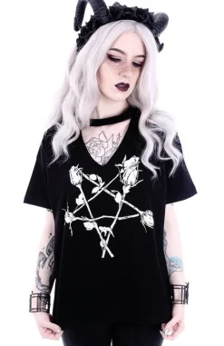 V-neck z chokerem koszulka z pentagramem z róż "ROSE PENTAGRAM"-Restyle Online