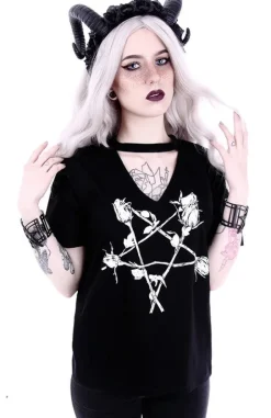 V-neck z chokerem koszulka z pentagramem z róż 