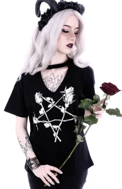 V-neck z chokerem koszulka z pentagramem z róż 
