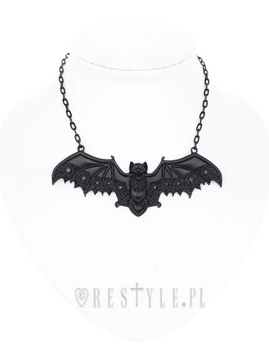 Wisior czarny nietoperz koronkowy, naszyjnik księżyc "LACE BAT BLACK PENDANT"-Restyle Clearance